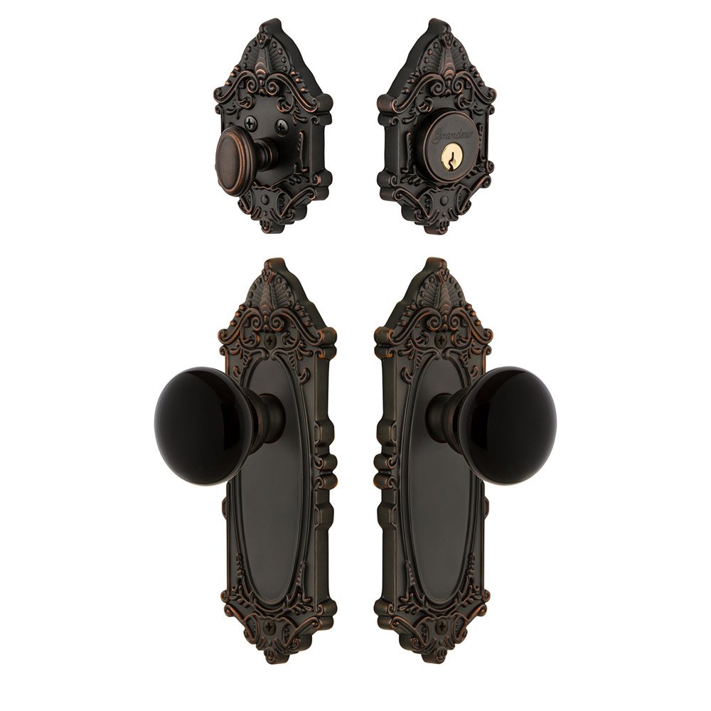 Grande Victorian Plate with Coventry Knob and matching Deadbolt in Timeless Bronze