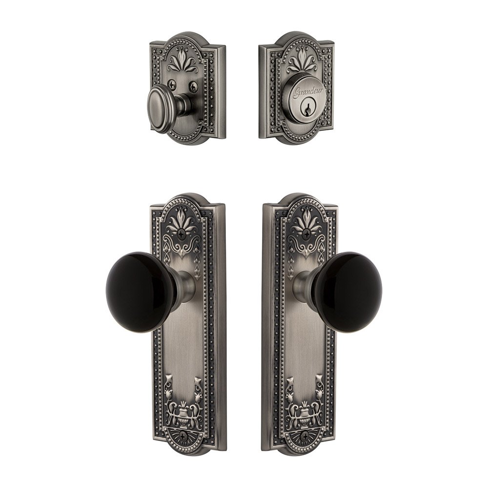 Parthenon Plate with Coventry Knob and matching Deadbolt in Antique Pewter