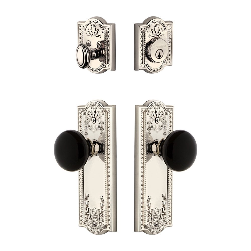 Parthenon Plate with Coventry Knob and matching Deadbolt in Polished Nickel