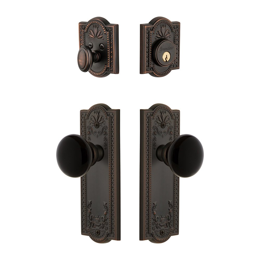 Parthenon Plate with Coventry Knob and matching Deadbolt in Timeless Bronze