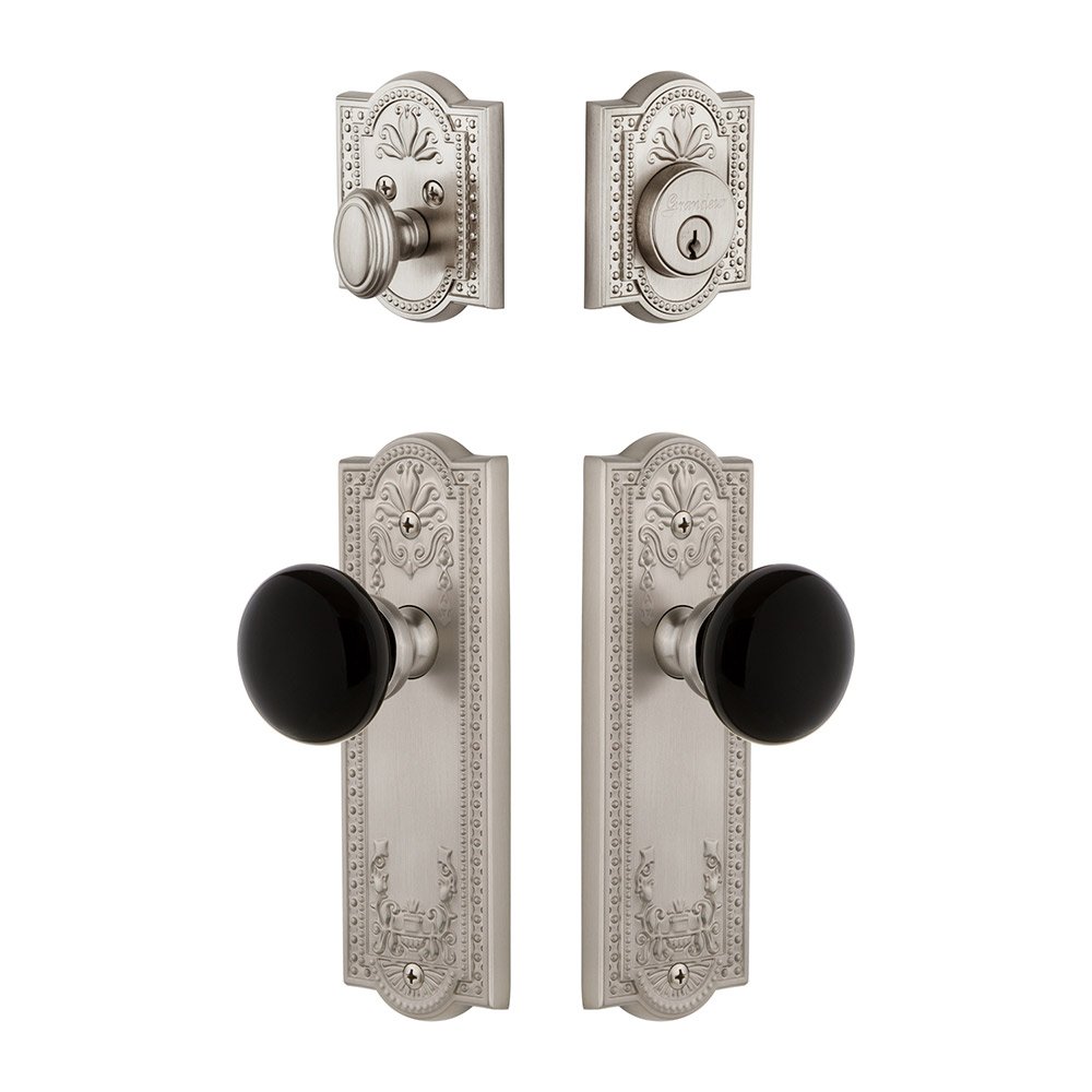 Parthenon Plate with Coventry Knob and matching Deadbolt in Satin Nickel