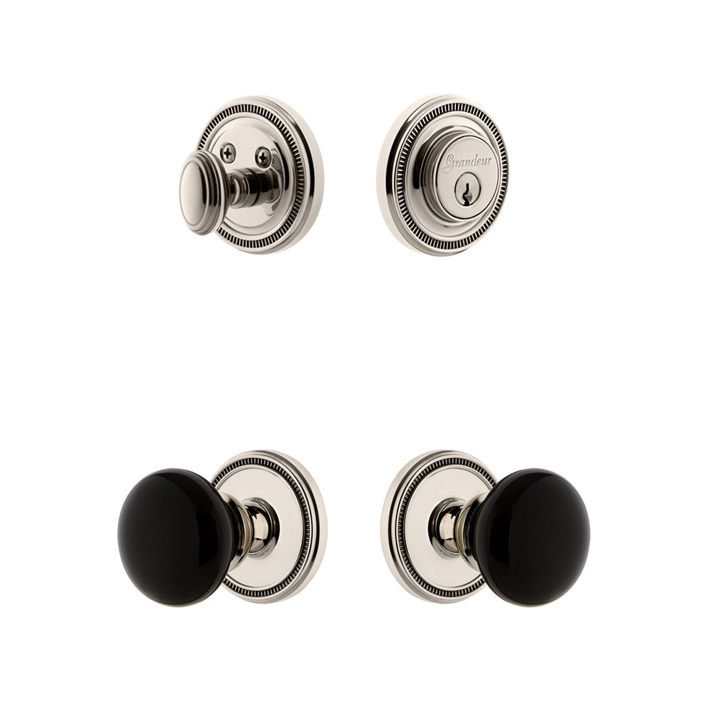 Soleil Rosette with Coventry Knob and matching Deadbolt in Polished Nickel