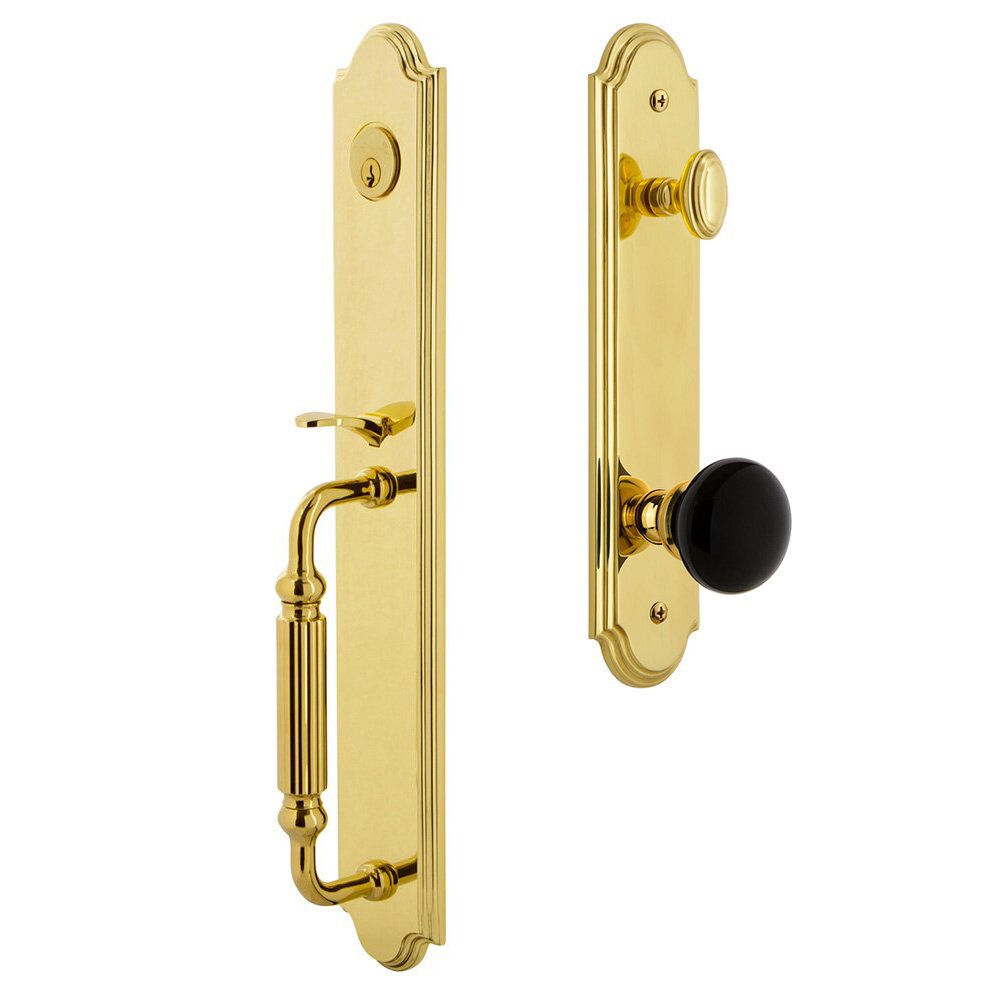 Arc One-Piece Handleset with F Grip and Coventry Knob in Lifetime Brass