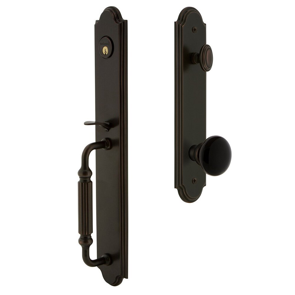 Arc One-Piece Handleset with F Grip and Coventry Knob in Timeless Bronze