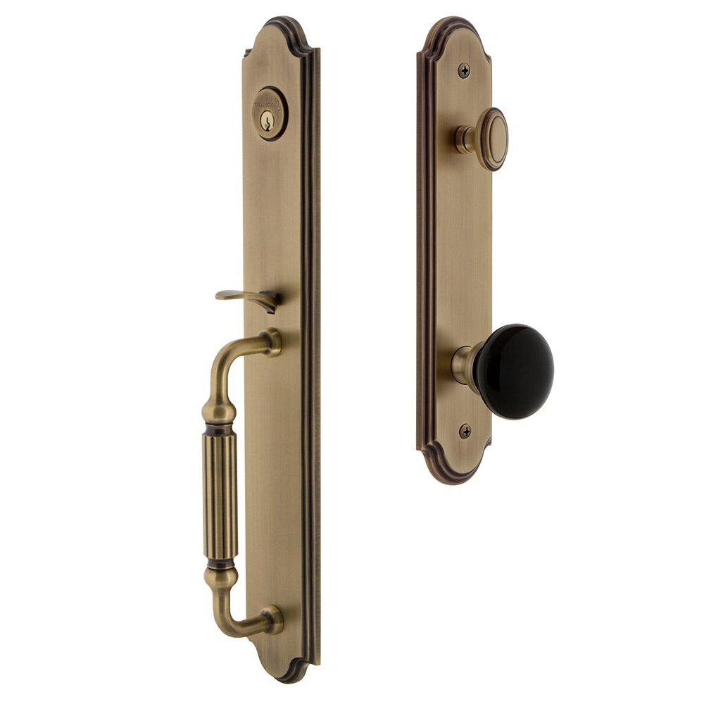 Arc One-Piece Handleset with F Grip and Coventry Knob in Vintage Brass