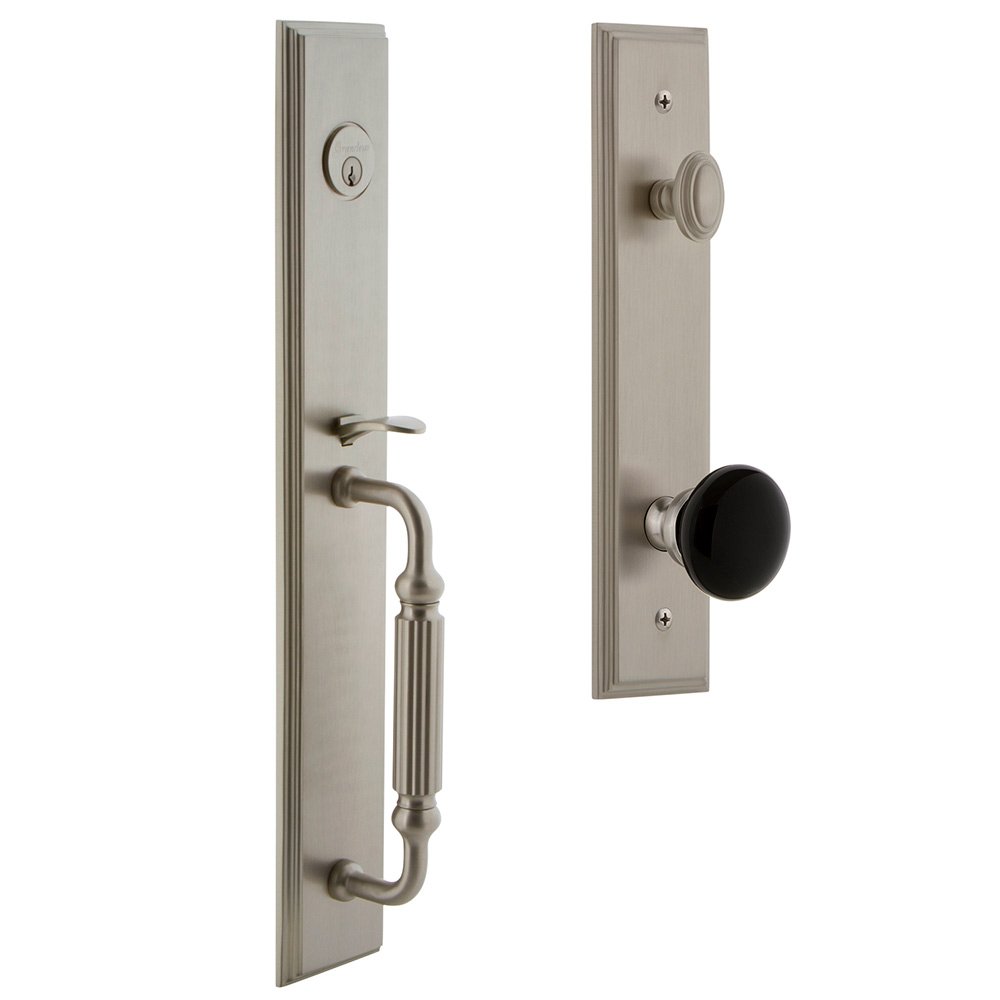 One-Piece Handleset with F Grip and Coventry Knob in Satin Nickel