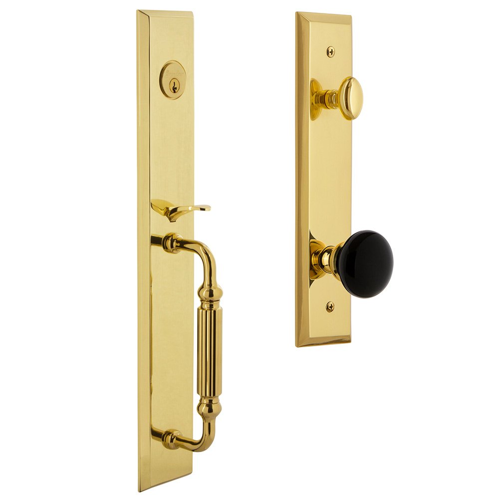 One-Piece Handleset with F Grip and Coventry Knob in Lifetime Brass