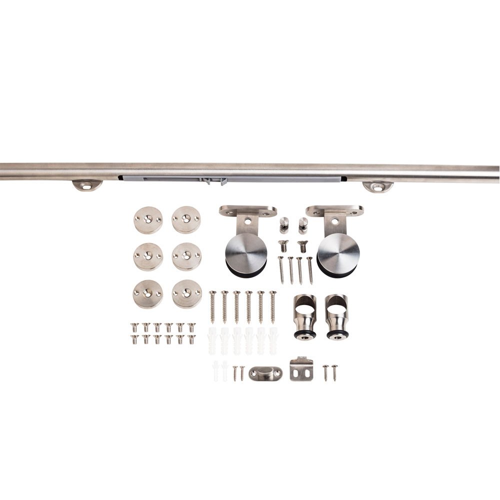 8' Soft Close Sliding Barn Door Hardware Kit with Top Mount Hangers in Stainless Steel