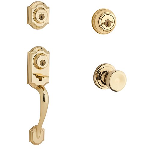 Montara Double Cylinder Handleset with Abbey Interior Active Handleset Trim & Double Cylinder Deadbolt In Bright Brass