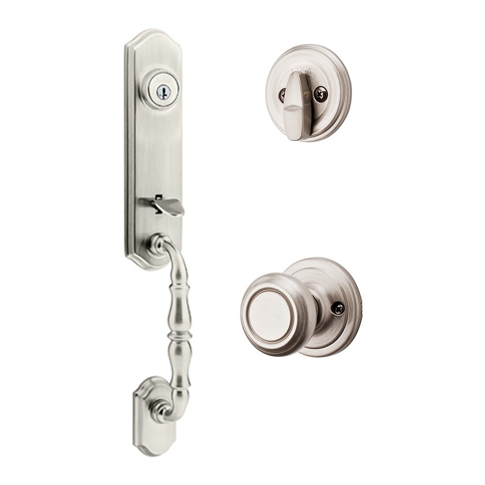 Amherst Single Cylinder Handleset with Cameron Interior Active Handleset Trim & Single Cylinder Deadbolt In Satin Nickel