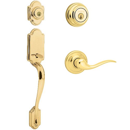 Kwikset Signature Series Arlington Double Cylinder Handleset With Tustin Interior Active Handleset Trim Right Hand Door Lever & Double Cylinder Deadbolt In Bright Brass