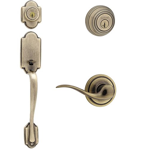 Kwikset Signature Series Arlington Double Cylinder Handleset With Tustin Interior Active Handleset Trim Left Hand Door Lever & Double Cylinder Deadbolt In Antique Brass