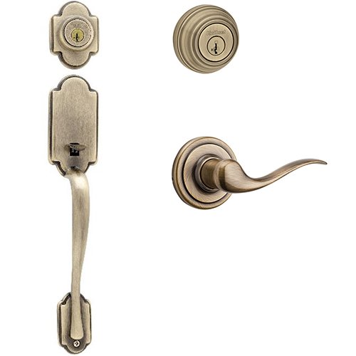 Kwikset Signature Series Arlington Double Cylinder Handleset With Tustin Interior Active Handleset Trim Right Hand Door Lever & Double Cylinder Deadbolt In Antique Brass