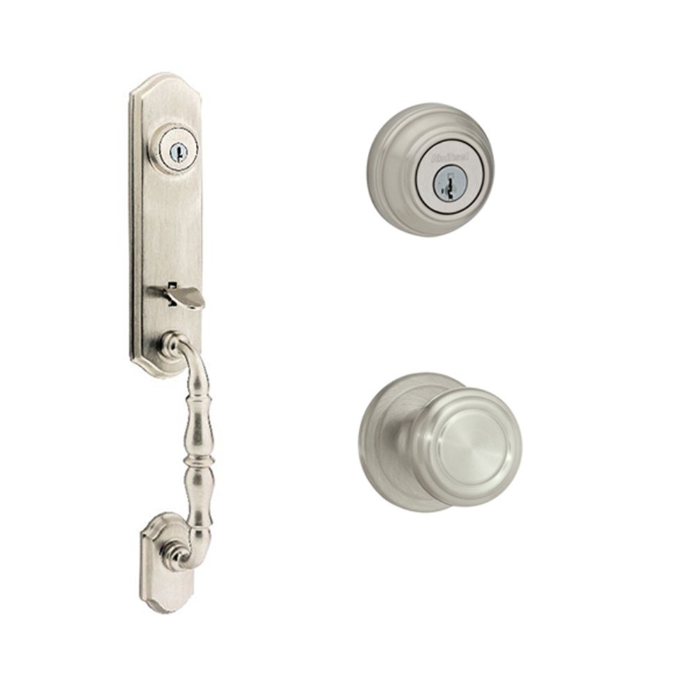 Amherst Double Cylinder Handleset with Cameron Interior Active Handleset Trim & Double Cylinder Deadbolt In Satin Nickel