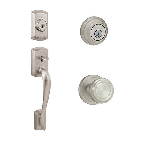 Avalon Double Cylinder Handleset In Cameron Interior Active Handleset Trim & Double Cylinder Deadbolt In Satin Nickel