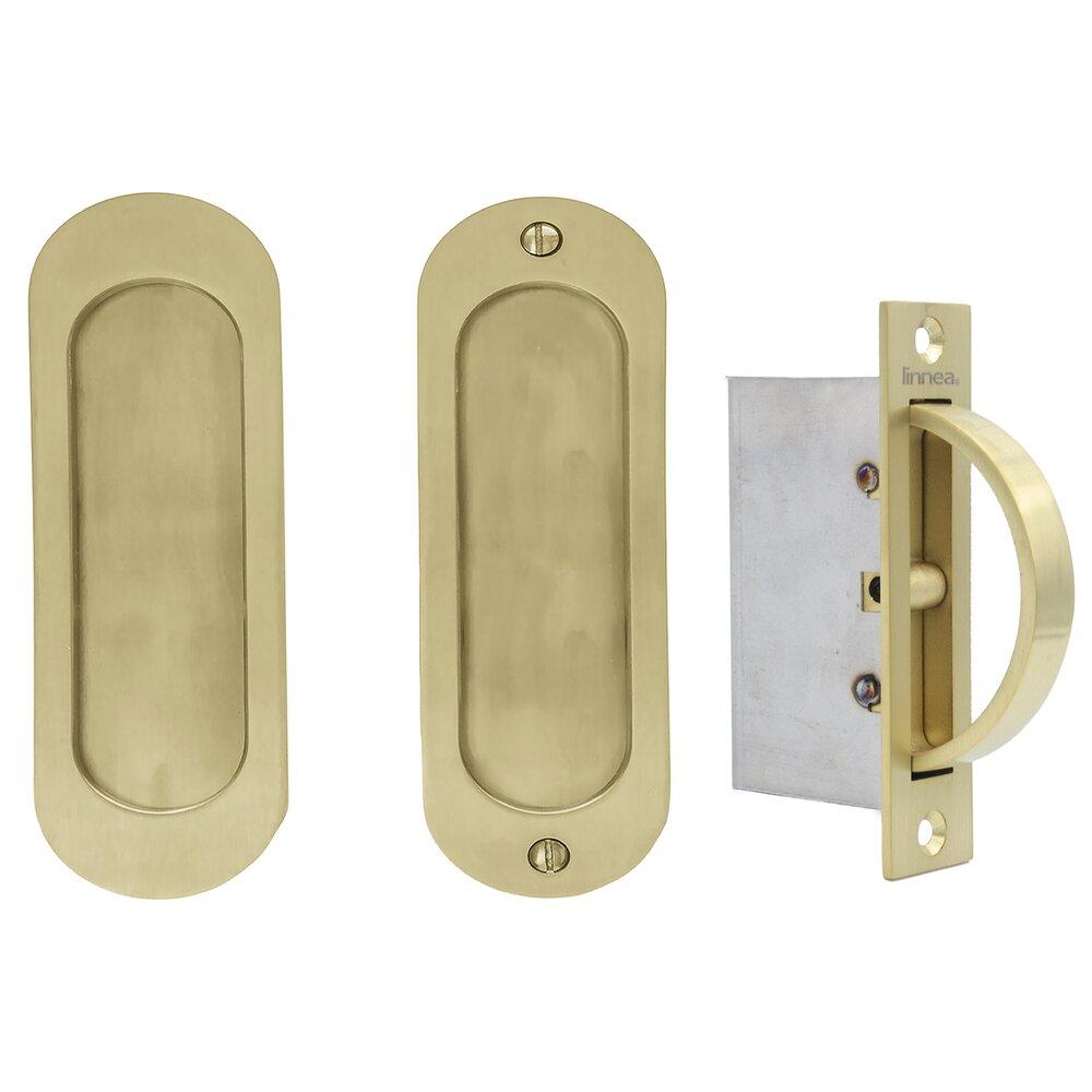 6 5/16" Oval Passage Pocket Door Set with Edge Pull in Satin Brass