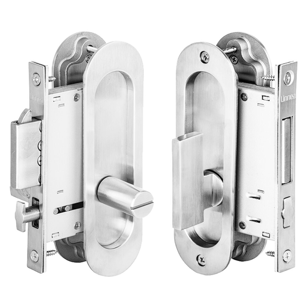 6 5/16" Oval Privacy Pocket Door Lock with ADA Turn Piece and Emergency Release in Polished Stainless Steel