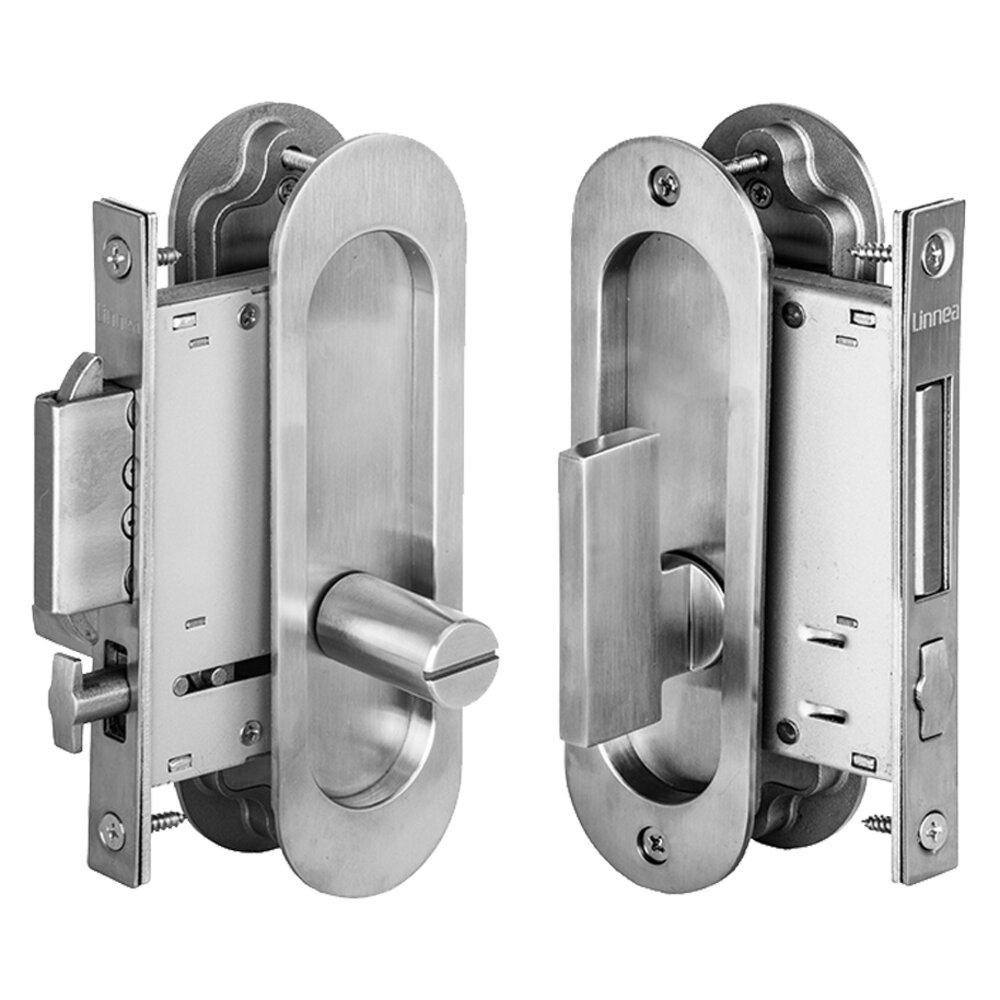 6 5/16" Oval Privacy Pocket Door Lock with ADA Turn Piece and Emergency Release in Satin Stainless Steel