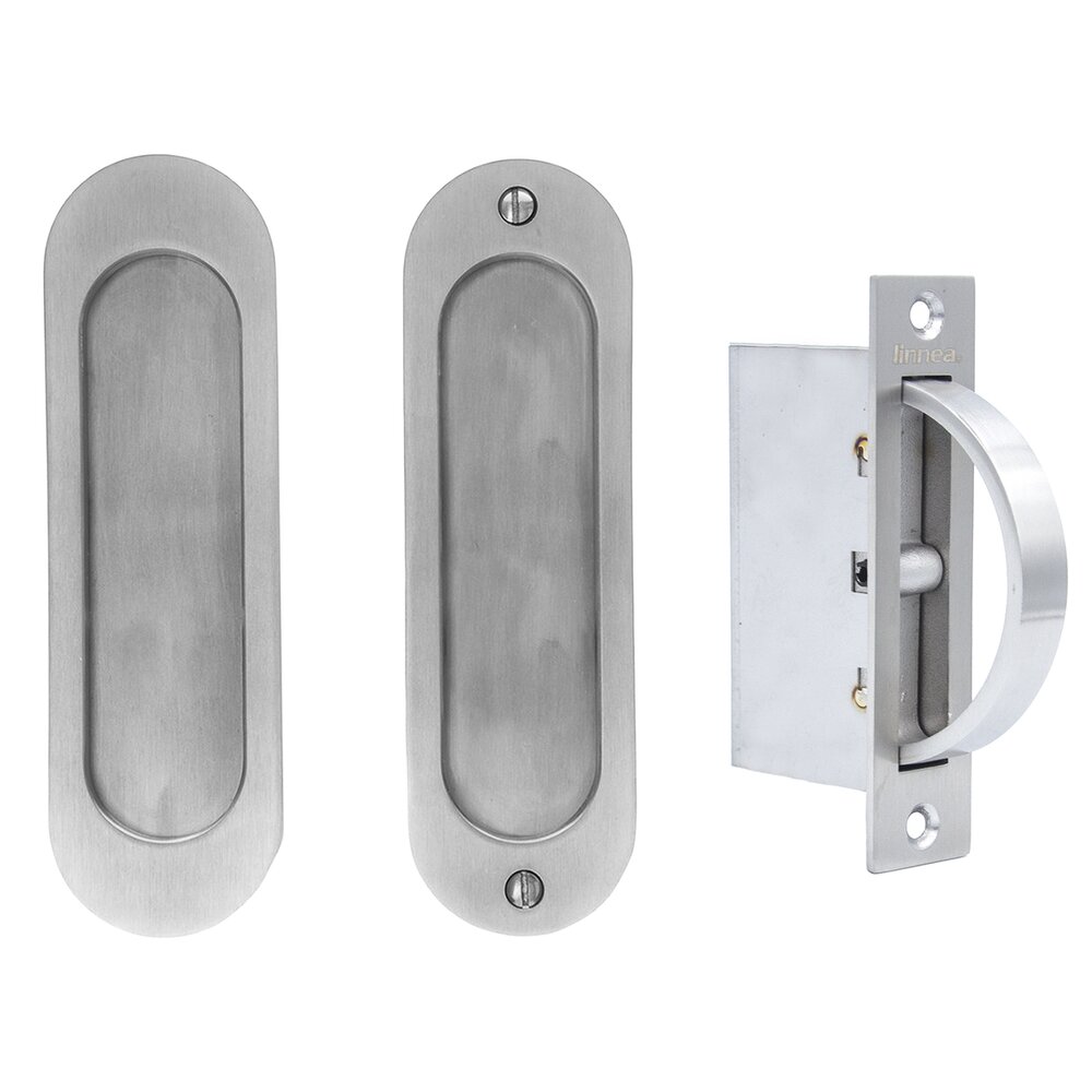 6 5/16" Oval Passage Pocket Door Set with Edge Pull in Satin Stainless Steel