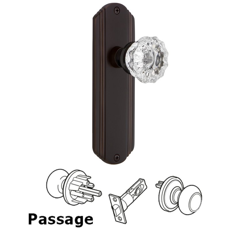 Complete Passage Set - Deco Plate with Crystal Glass Door Knob in Timeless Bronze