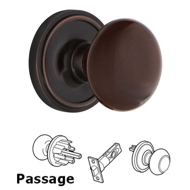 Complete Passage Set - Classic Rosette with Brown Porcelain Door Knob in Timeless Bronze