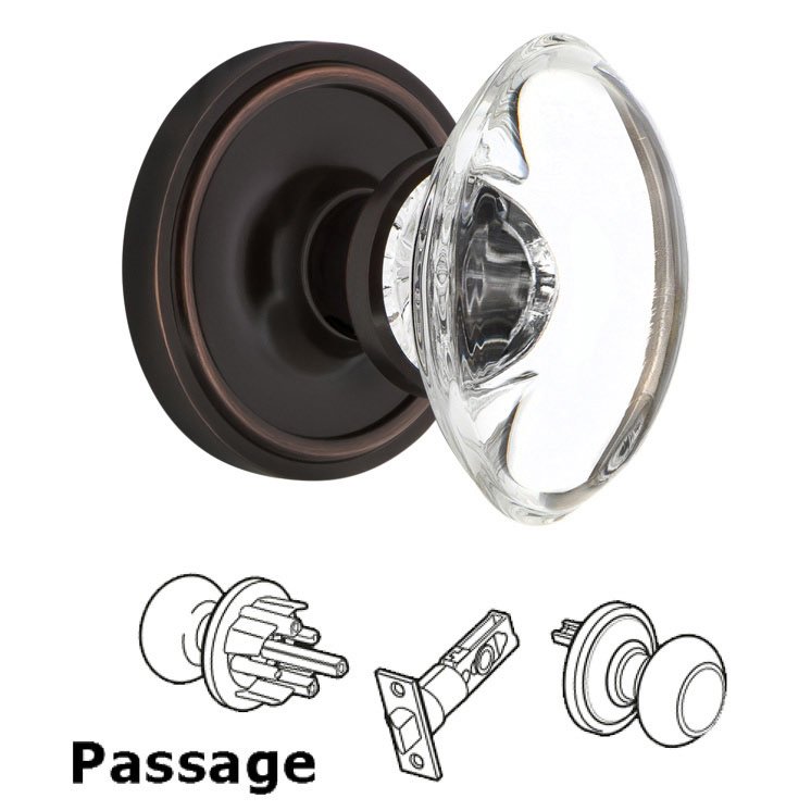 Complete Passage Set - Classic Rosette with Oval Clear Crystal Glass Door Knob in Timeless Bronze