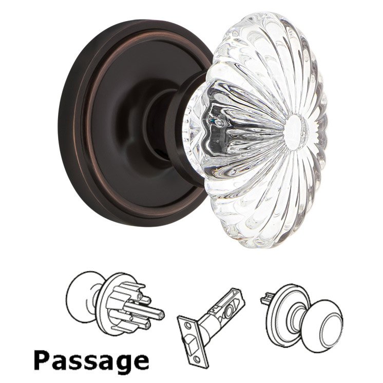 Complete Passage Set - Classic Rosette with Oval Fluted Crystal Glass Door Knob in Timeless Bronze