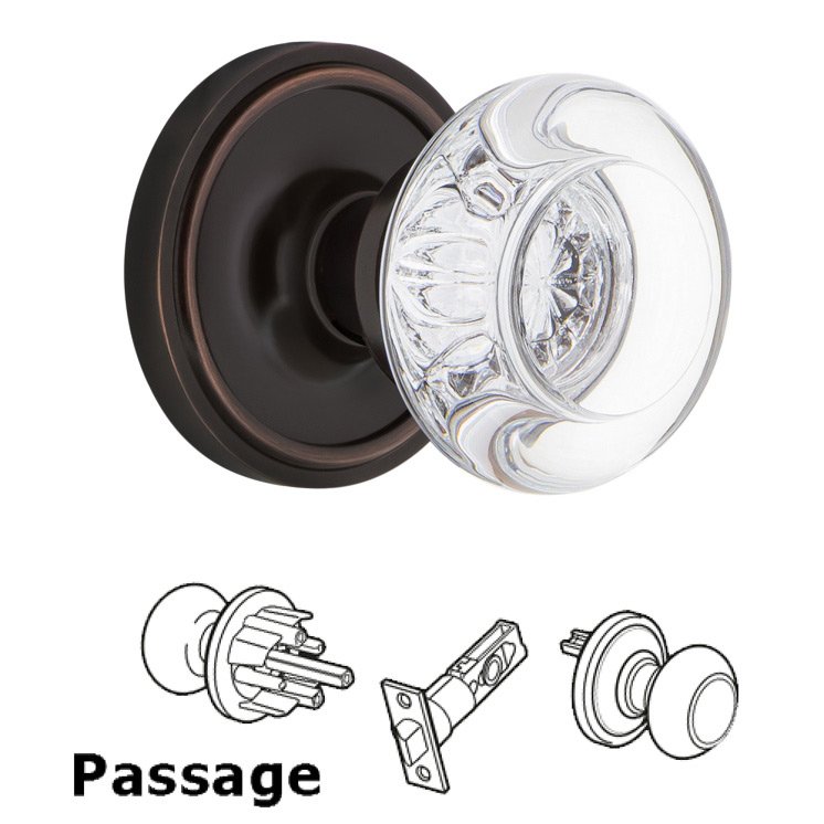 Complete Passage Set - Classic Rosette with Round Clear Crystal Glass Door Knob in Timeless Bronze