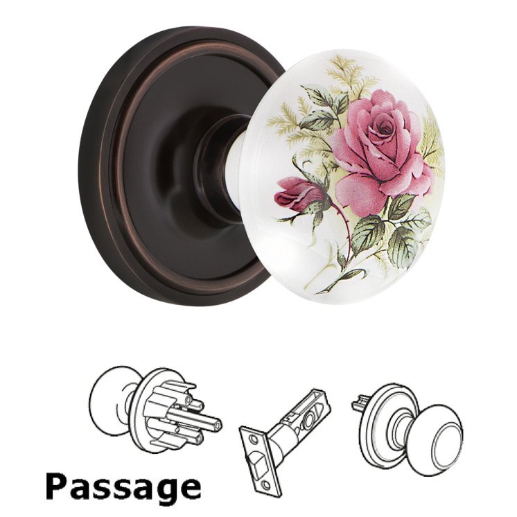 Complete Passage Set - Classic Rosette with White Rose Porcelain Door Knob in Timeless Bronze