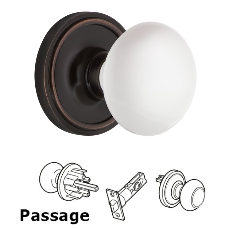 Complete Passage Set - Classic Rosette with White Porcelain Door Knob in Timeless Bronze