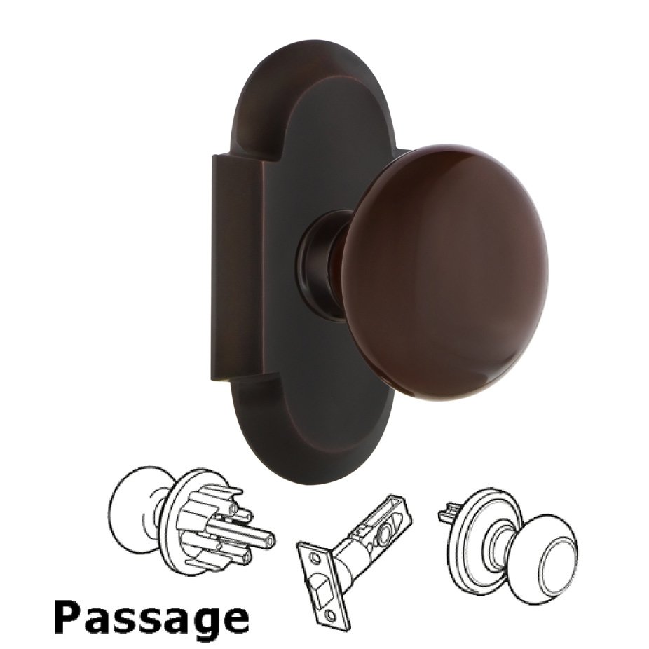 Complete Passage Set - Cottage Plate with Brown Porcelain Door Knob in Timeless Bronze