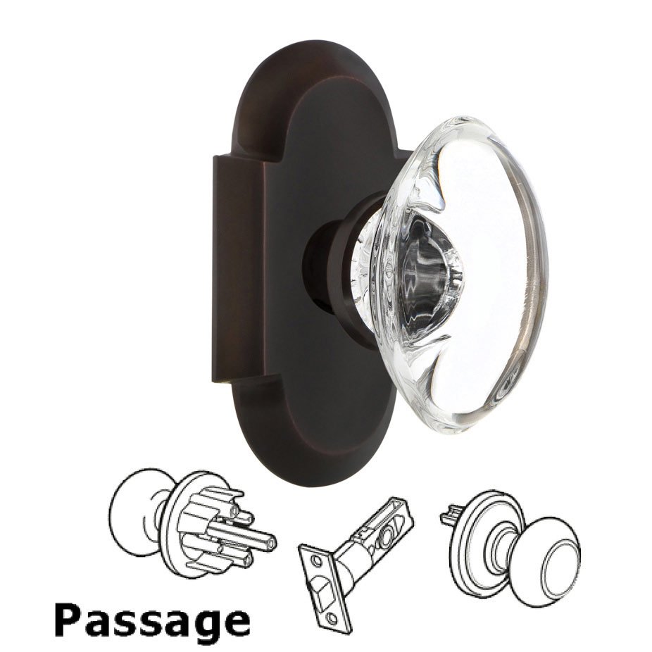 Complete Passage Set - Cottage Plate with Oval Clear Crystal Glass Door Knob in Timeless Bronze