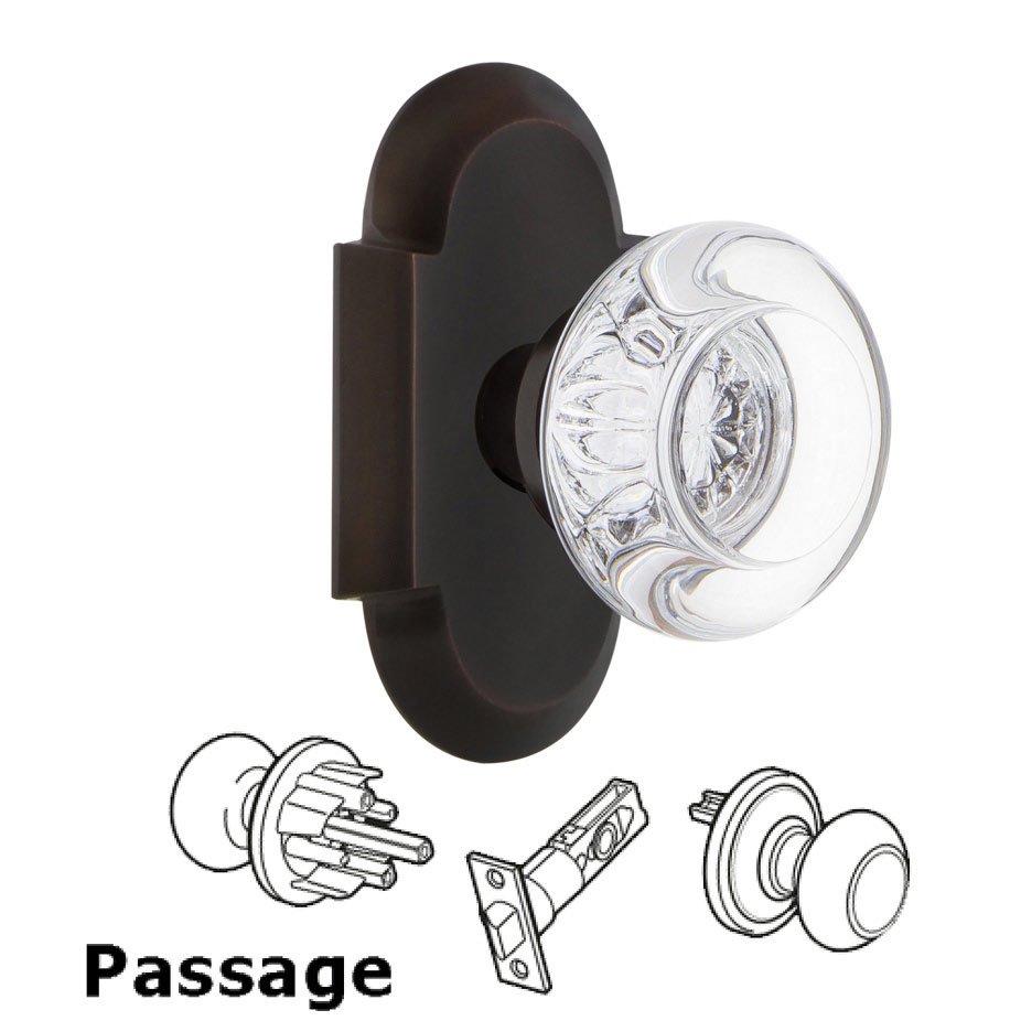 Complete Passage Set - Cottage Plate with Round Clear Crystal Glass Door Knob in Timeless Bronze