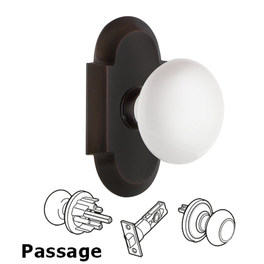 Complete Passage Set - Cottage Plate with White Porcelain Door Knob in Timeless Bronze