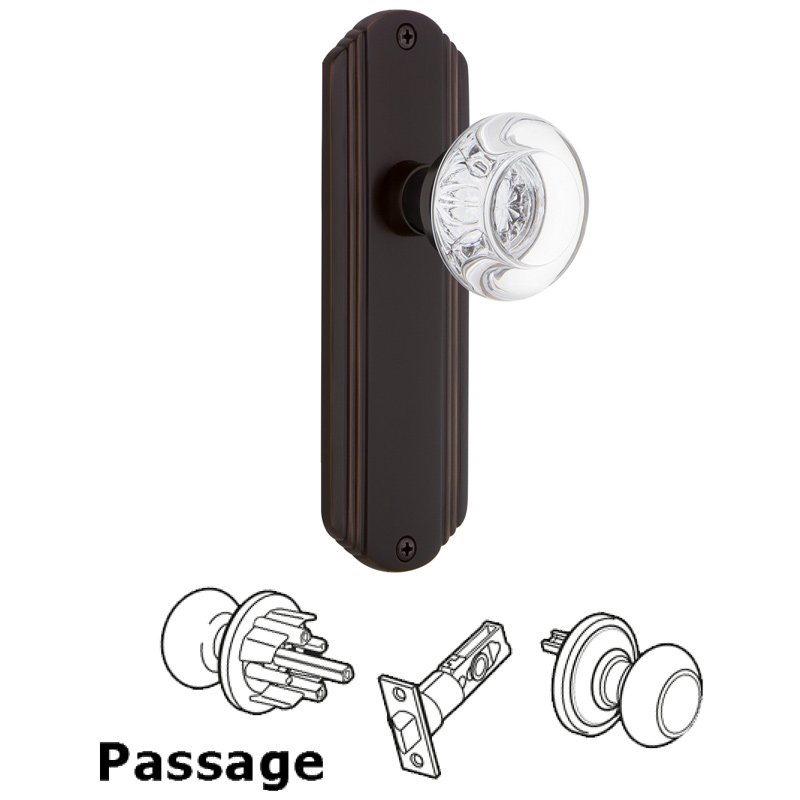 Passage Deco Plate with Round Clear Crystal Glass Door Knob in Timeless Bronze