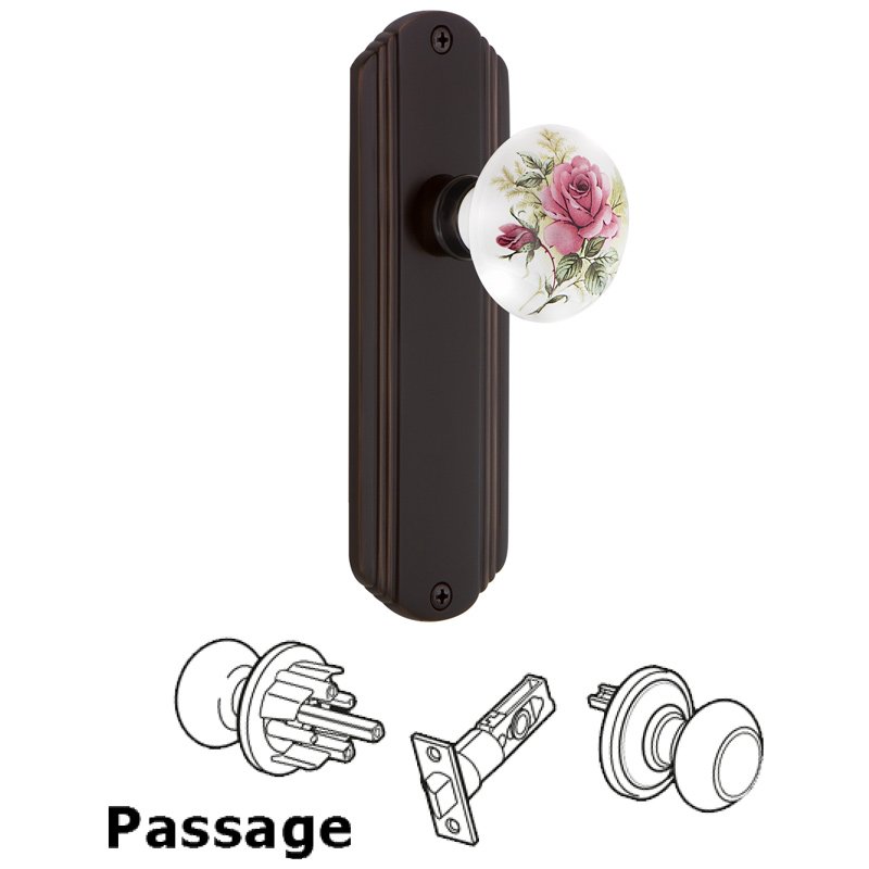Complete Passage Set - Deco Plate with White Rose Porcelain Door Knob in Timeless Bronze