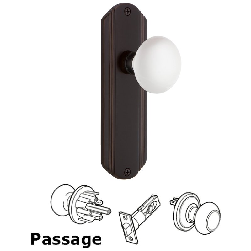 Complete Passage Set - Deco Plate with White Porcelain Door Knob in Timeless Bronze