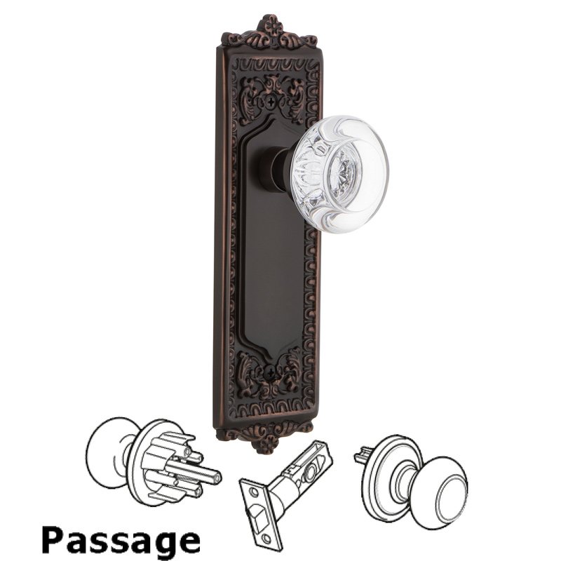 Complete Passage Set - Egg & Dart Plate with Round Clear Crystal Glass Door Knob in Timeless Bronze