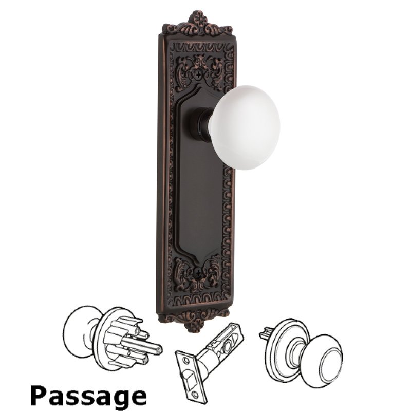 Complete Passage Set - Egg & Dart Plate with White Porcelain Door Knob in Timeless Bronze