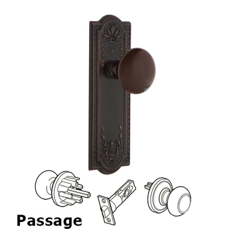 Complete Passage Set - Meadows Plate with Brown Porcelain Door Knob in Timeless Bronze
