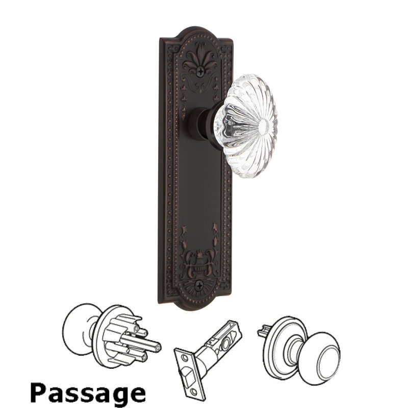 Complete Passage Set - Meadows Plate with Oval Fluted Crystal Glass Door Knob in Timeless Bronze