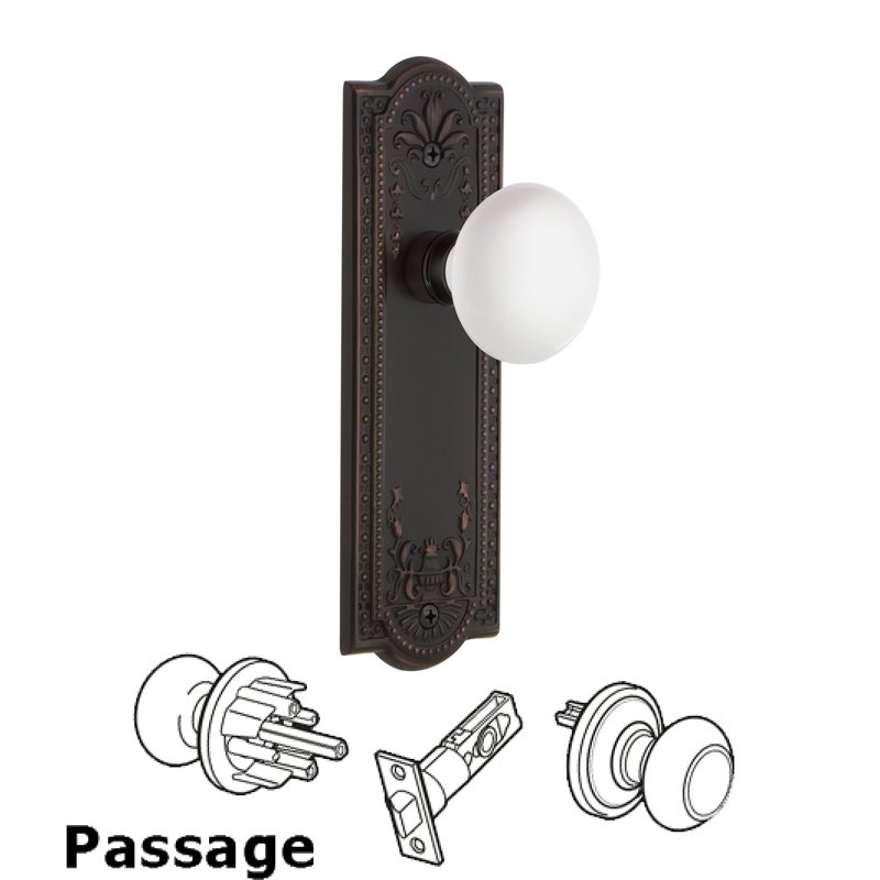 Complete Passage Set - Meadows Plate with White Porcelain Door Knob in Timeless Bronze