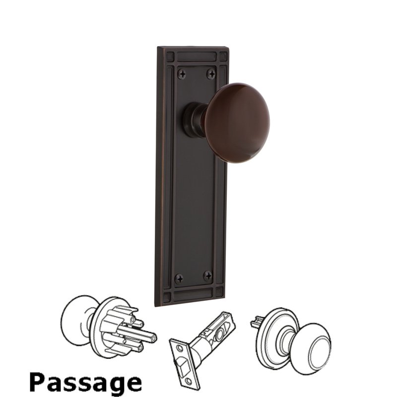 Passage Mission Plate with Brown Porcelain Door Knob in Timeless Bronze