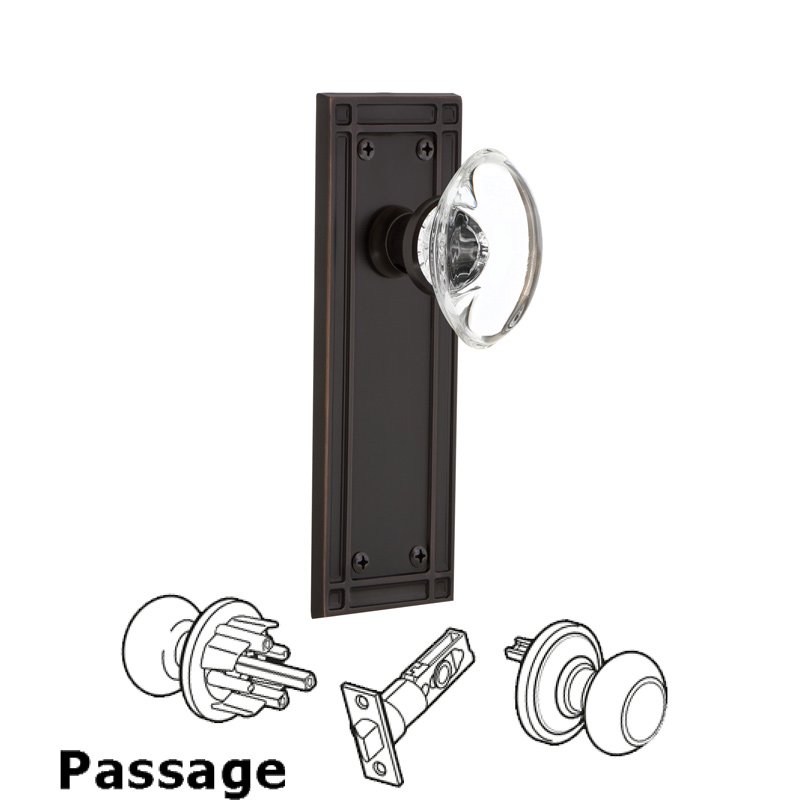Complete Passage Set - Mission Plate with Oval Clear Crystal Glass Door Knob in Timeless Bronze