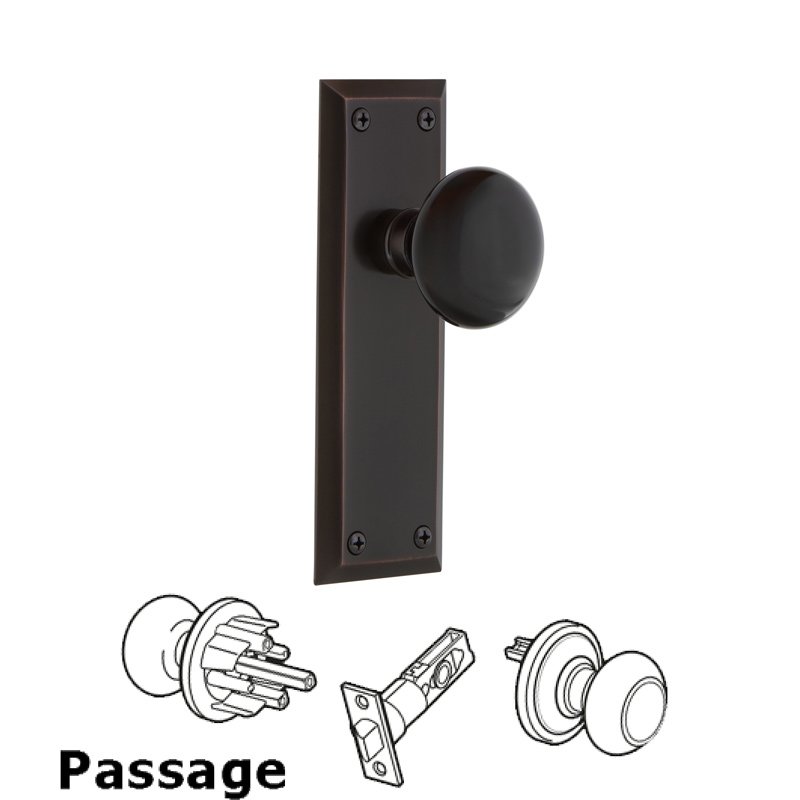 Complete Passage Set - New York Plate with Black Porcelain Door Knob in Timeless Bronze