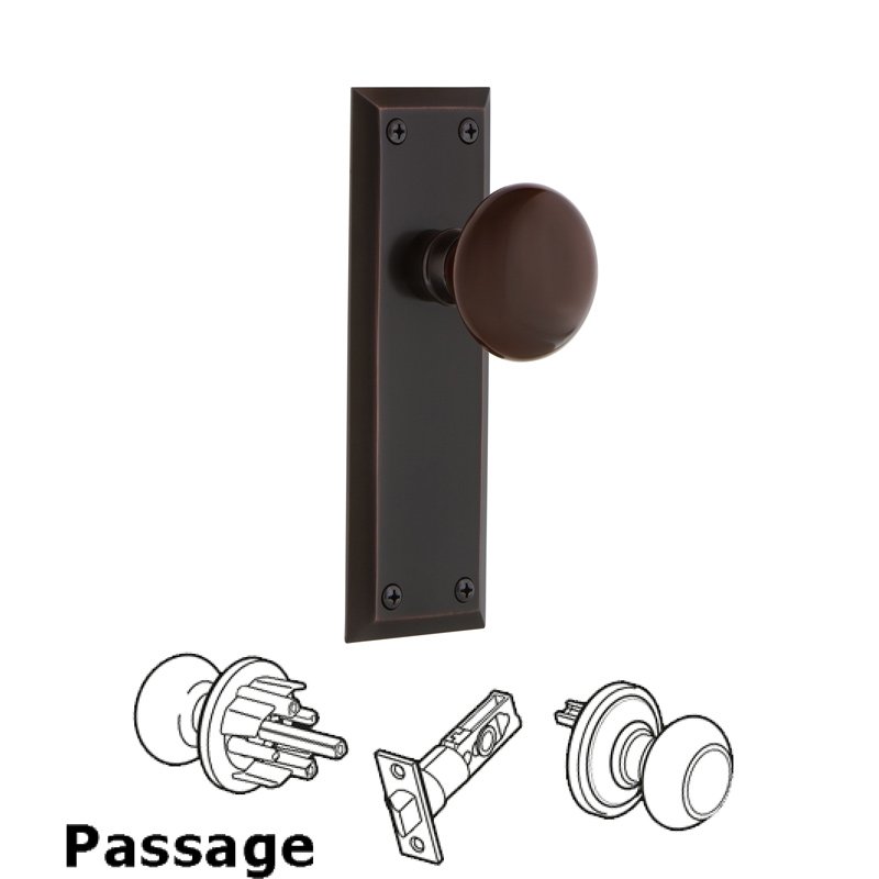 Complete Passage Set - New York Plate with Brown Porcelain Door Knob in Timeless Bronze