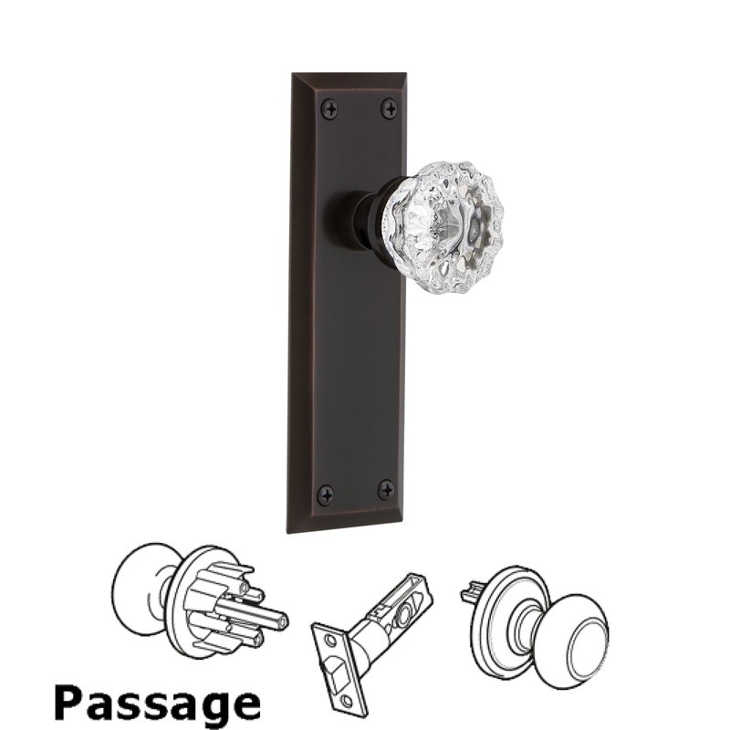Complete Passage Set - New York Plate with Crystal Glass Door Knob in Timeless Bronze