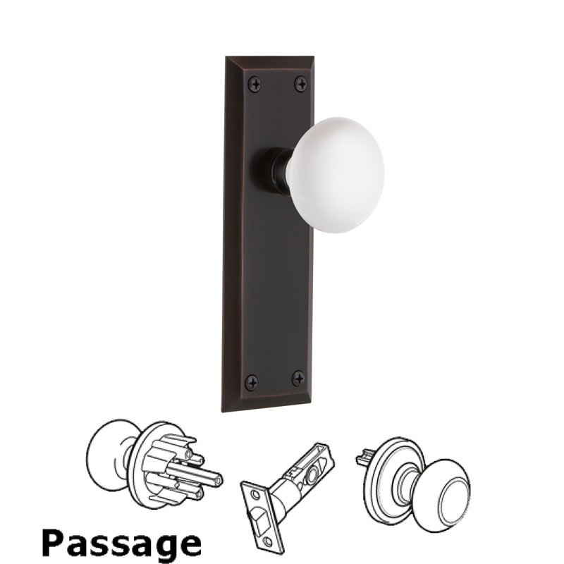 Complete Passage Set - New York Plate with White Porcelain Door Knob in Timeless Bronze