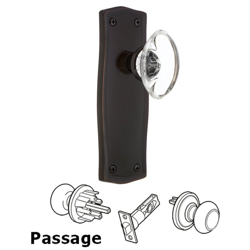 Complete Passage Set - Prairie Plate with Oval Clear Crystal Glass Door Knob in Timeless Bronze