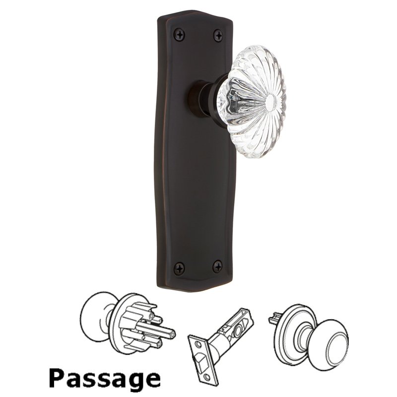 Complete Passage Set - Prairie Plate with Oval Fluted Crystal Glass Door Knob in Timeless Bronze